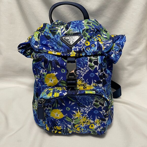 Prada Backpack Tessuto Zainetto Stampata Blue Floral Printed Bluette New - Picture 1 of 8